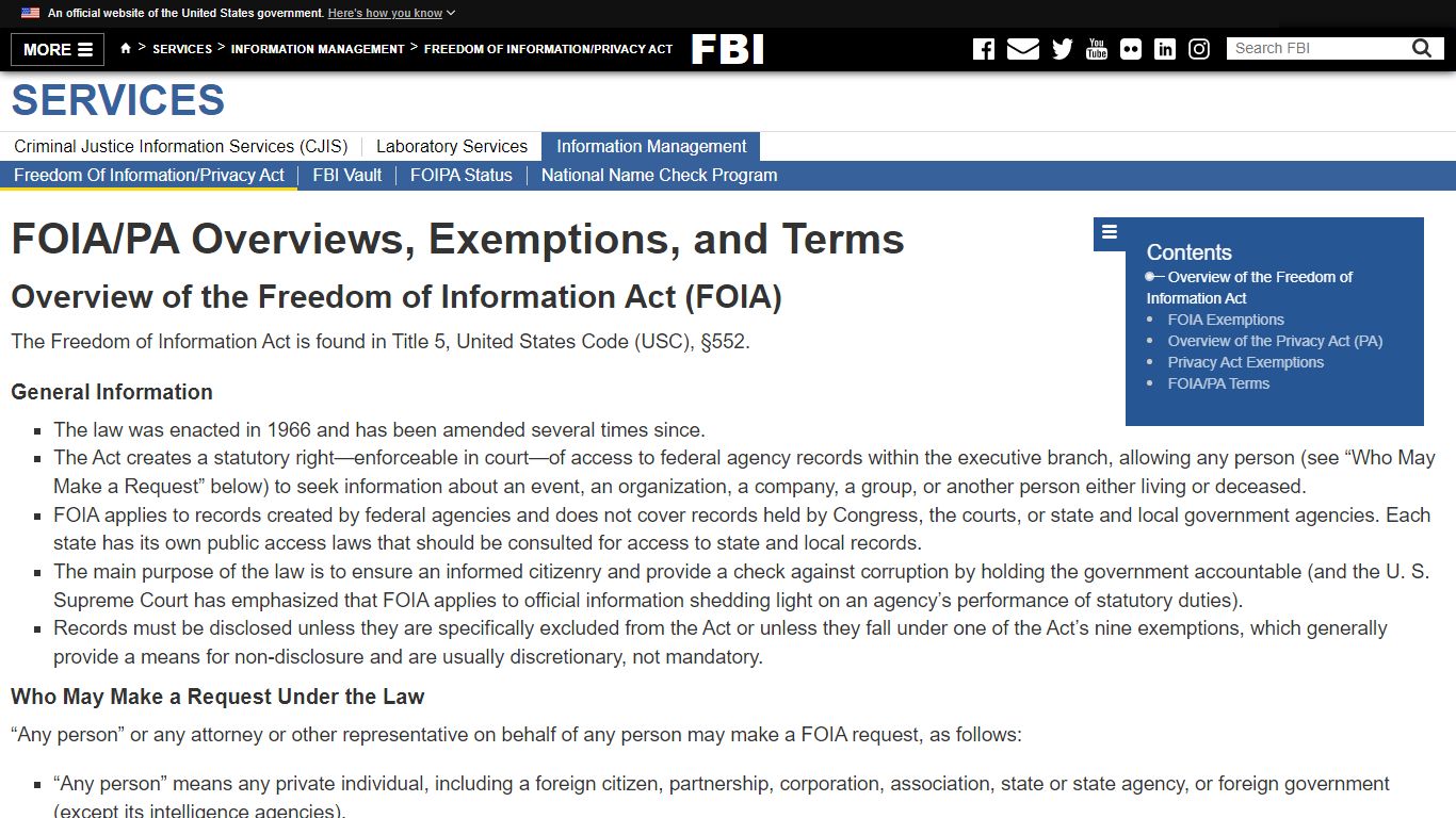 FOIA/PA Overviews, Exemptions, and Terms — FBI